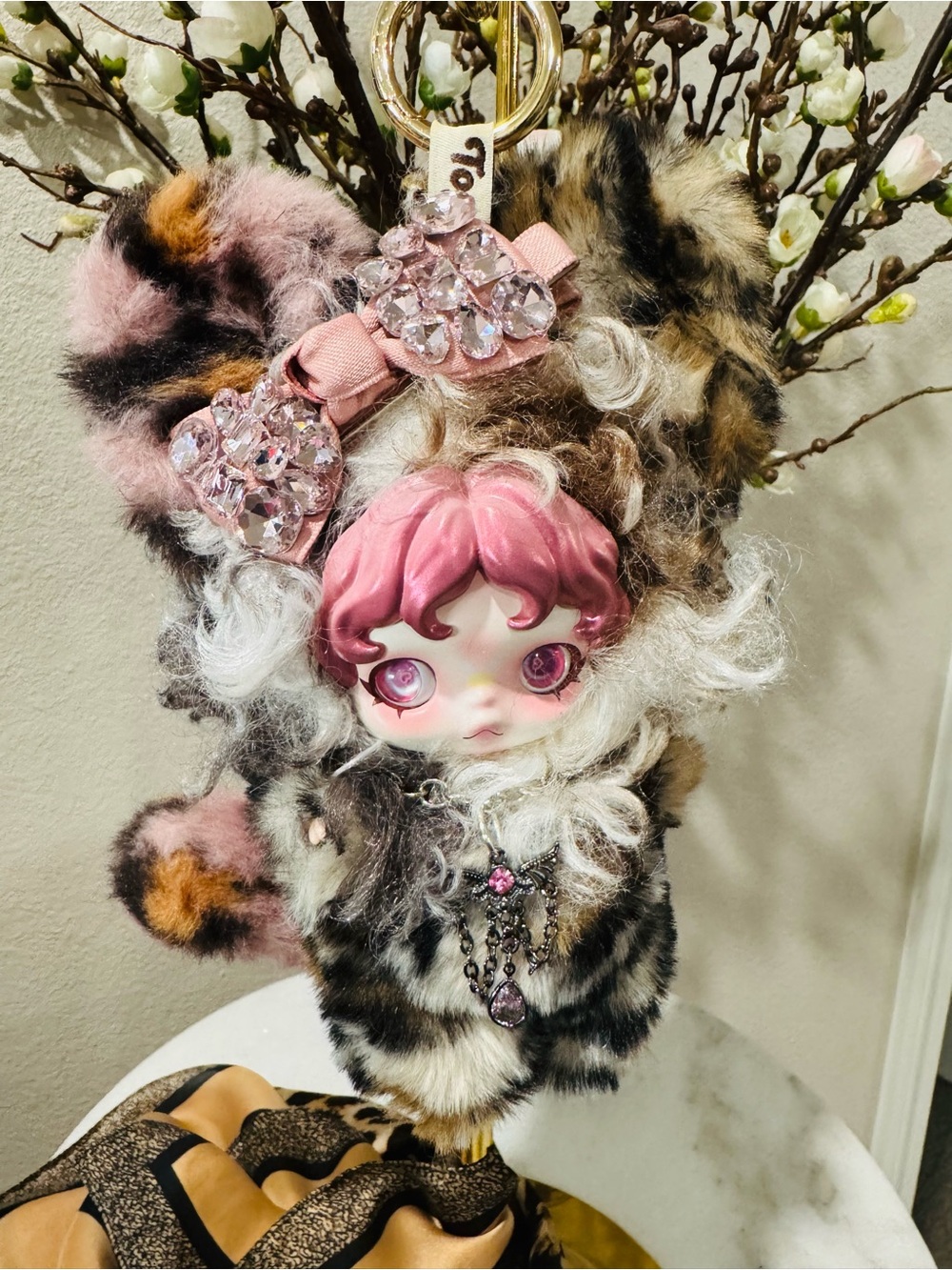 Custom Skullpanda Fox Bag Charm in Pink and Leopard Fur